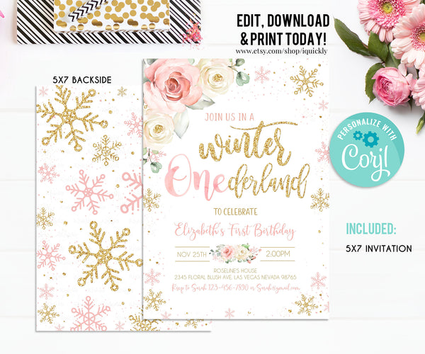 Editable WINTER ONEderland Birthday Invitation Pink and Gold Winter ONEderland Invitation 1st Floral Snowflake Winter Party Instant Download