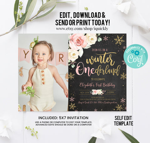 Editable WINTER ONEderland Birthday Invitation Pink and Gold Winter ONEderland Invitation Floral Snowflake Winter Party Instant Download