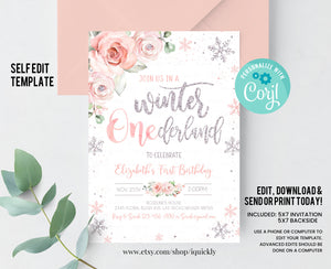 Editable WINTER ONEderland Birthday Invitation Pink and Silver Winter ONEderland Invitation Floral Snowflake Winter Party Instant Download
