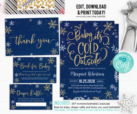 EDITABLE Baby It's Cold Outside Baby Shower Invitation Set, Snowflake Boy Shower package, Winter Invite Navy and Gold Pack Download Template