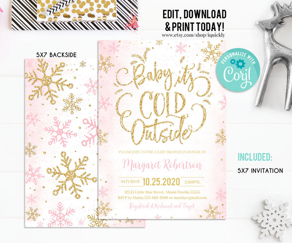 EDITABLE Baby Its Cold Outside Baby Shower Invitation, Girl Snowflake Baby Shower invite, Drive by Winter Pink and Gold Download Template