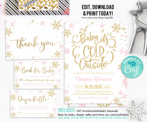 EDITABLE Baby It's Cold Outside Baby Shower Invitation Set Snowflake Girl Shower package Winter Invite Pink and Gold Pack Download Template