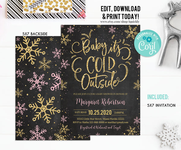 EDITABLE Baby Its Cold Outside Baby Shower Invitation, Girl Snowflake Baby Shower invite, Drive by Winter Pink and Gold Download Template