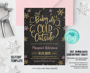 EDITABLE Baby Its Cold Outside Baby Shower Invitation, Girl Snowflake Baby Shower invite, Drive by Winter Pink and Gold Download Template