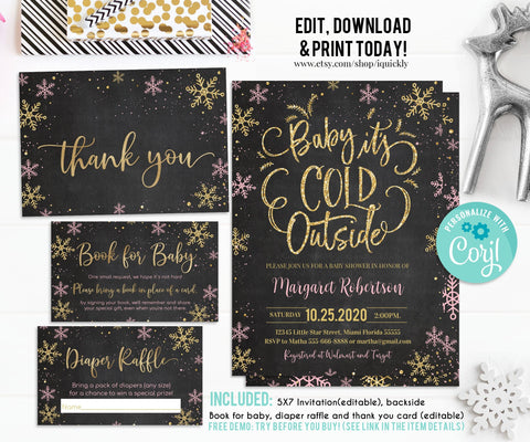 EDITABLE Baby It's Cold Outside Baby Shower Invitation Set Snowflake Girl Shower package Winter Invite Pink and Gold Pack Download Template