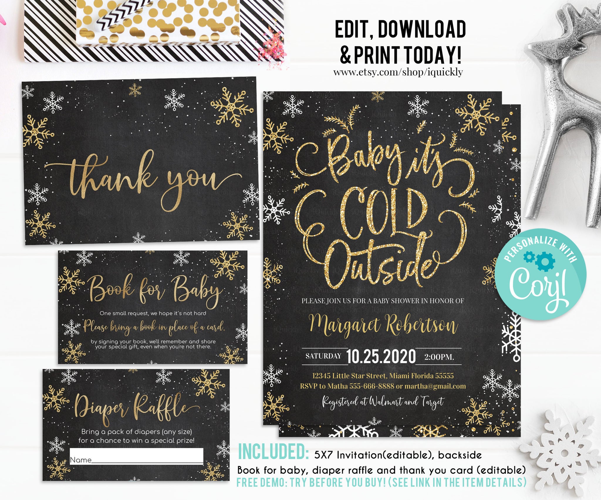 Editable Baby Its Cold Outside Baby Shower Invitation Set, Snowflakes Shower Invite Bundle, Winter Invitations Pack Gender Neutral Template
