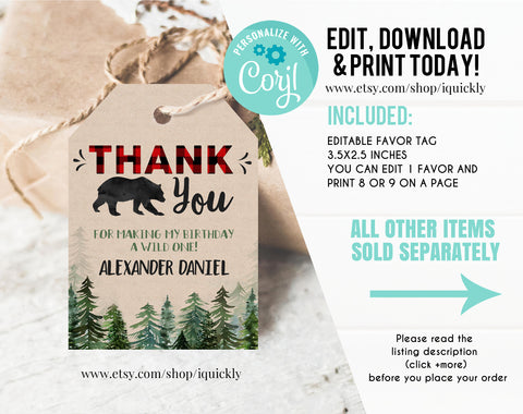 Editable Lumberjack Favor Tags, Wild One Boy Thank you tags,  Gift tags Rustic Bear Buffalo Plaid Printable Template download