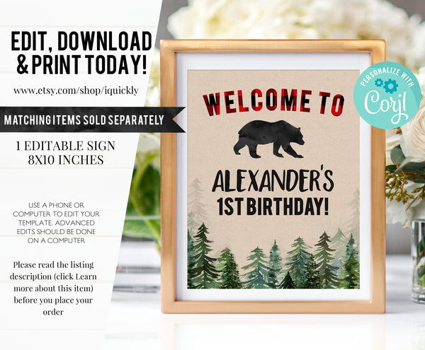 EDITABLE Lumberjack Birthday Welcome sign, Buffalo Plaid Rustic Boy Bear cub Printable 1st Birthday Decorations Instant download Template