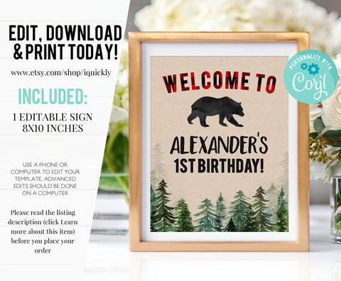 EDITABLE Lumberjack Birthday Welcome sign, Buffalo Plaid Rustic Boy Bear cub Printable 1st Birthday Decorations Instant download Template