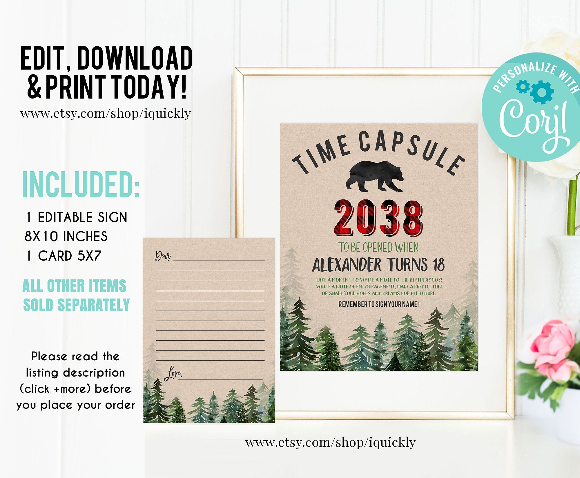 EDITABLE Lumberjack Time Capsule Matching Note Cards, First Birthday Wild One, Bear Cub 1st Birthday Time Capsule Instant download Printable