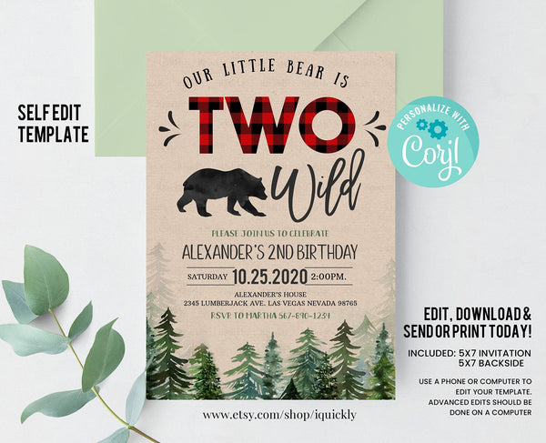 EDITABLE Lumberjack  Birthday Invitation, Two Wild Boy Birthday Invitations Printable, Rustic Bear Cub Buffalo Plaid Template download