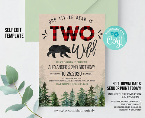 EDITABLE Lumberjack  Birthday Invitation, Two Wild Boy Birthday Invitations Printable, Rustic Bear Cub Buffalo Plaid Template download
