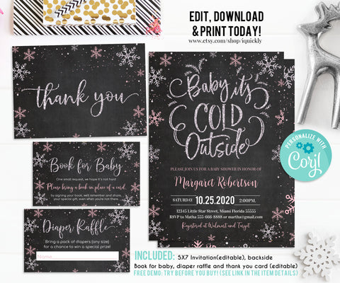 EDITABLE Baby It's Cold Outside Baby Shower Invitation Set Snowflake Girl Shower package Winter Invite Pink Silver Pack Download Template