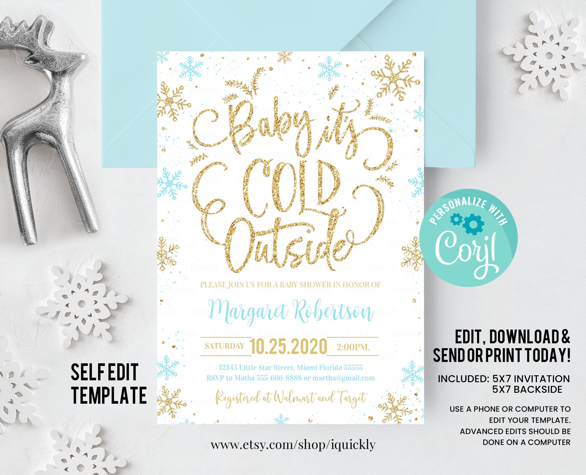 EDITABLE Baby Its Cold Outside Baby Shower Invitation, Boy Snowflake Baby Shower invite, Drive by Winter Blue and Gold Download Template