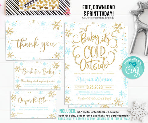 EDITABLE Baby It's Cold Outside Baby Shower Invitation Set, Snowflake Boy Shower package, Winter Invite Blue and Gold Pack Download Template