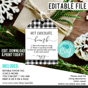 Editable Hot Chocolate Bomb Label Black Gingham Hot Cocoa Bombs Directions Instructions Christmas Bomb Gift Tag Printable Party Favor