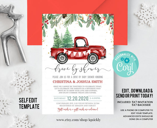 Editable Drive By Baby Shower Invitation Christmas Tree Truck Drive Through Winter Baby Shower Invite Social Distancing Drive Thru Download