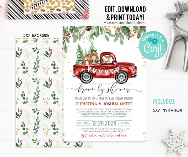Editable Drive By Baby Shower Woodland Invitation Christmas Tree Truck Drive Through Winter Baby Shower Invite Social Distancing Drive Thru