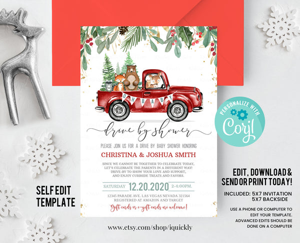 Editable Drive By Baby Shower Woodland Invitation Christmas Tree Truck Drive Through Winter Baby Shower Invite Social Distancing Drive Thru