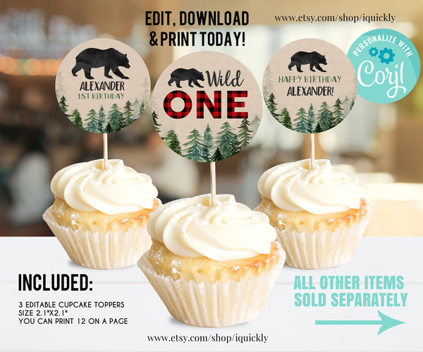 Editable Lumberjack Cupcake toppers, Buffalo Plaid Cake Toppers, Wilderness Bear, Rustic Boy, Cub Printable Template Instant Download