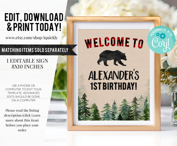 EDITABLE Lumberjack Banner, Buffalo Plaid Birthday Banner, Printable 1st Birthday bunting banner, Baby Shower Template, Instant download