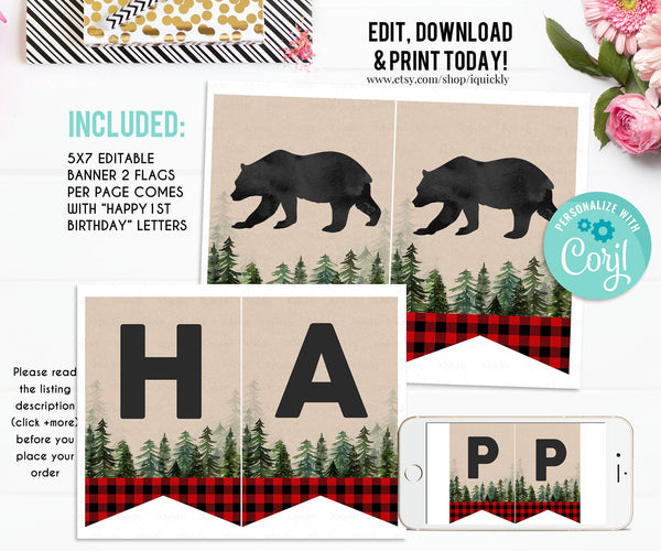 EDITABLE Lumberjack Banner, Buffalo Plaid Birthday Banner, Printable 1st Birthday bunting banner, Baby Shower Template, Instant download
