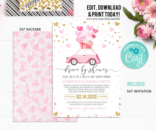 Editable Drive By Baby Shower Invitation Valentine Bundle Drive Through Baby Shower Invite Set Sweetheart Drive Thru Shower Social download