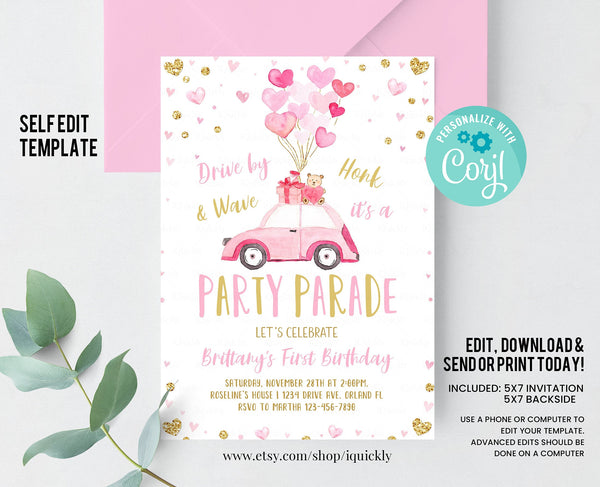 Editable Drive By Valentine Birthday Parade Invitation Drive Through Birthday Party Quarantine Birthday Social Distancing invite Download