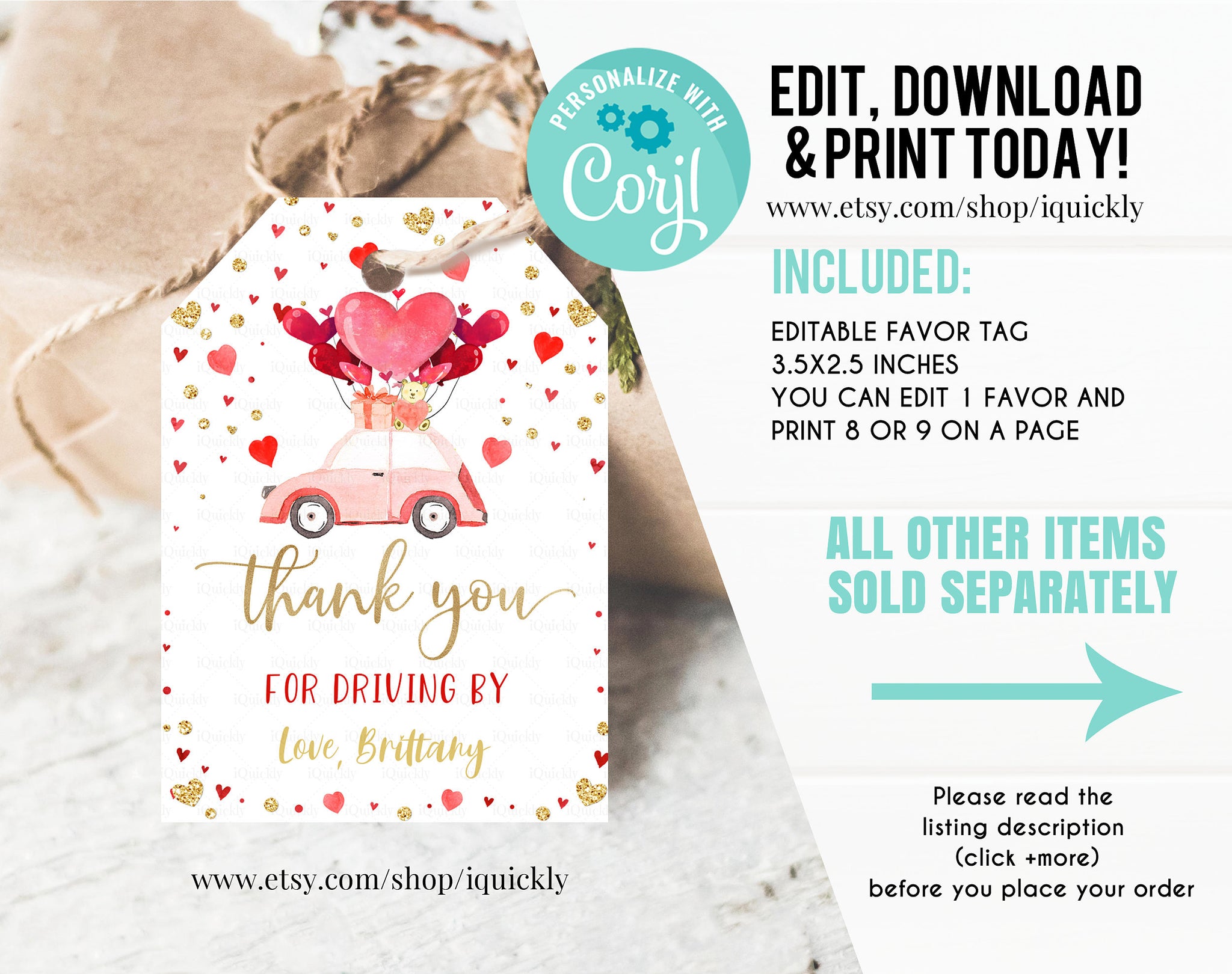 Editable Drive by Baby Shower Favor Tag Valentine Drive Through Gift Tag Sweetheart Drive-By Baby shower Thank you tags Parade Download