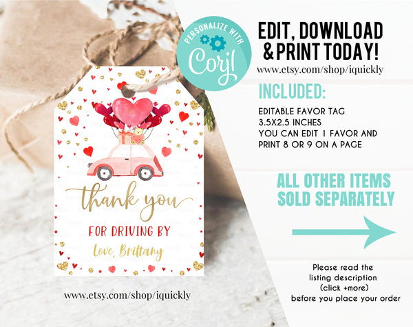 Editable Drive by Baby Shower Favor Tag Valentine Drive Through Gift Tag Sweetheart Drive-By Baby shower Thank you tags Parade Download