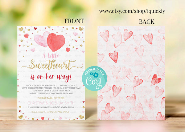Editable Shower by mail Little Sweetheart Baby shower invitation, Valentine Virtual baby shower invites Girl Printable template download
