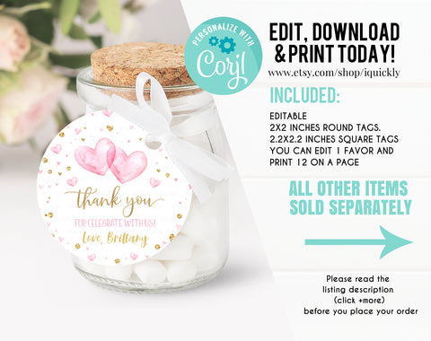 EDITABLE Valentine Birthday Favor tags, Sweetheart Thank you tags, 1st Birthday Gift Tags, Baby shower favors Printable Template download