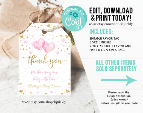 EDITABLE Valentine Baby shower Favor tags, Sweetheart Thank you tags, Birthday Gift Tags, Baby shower favors Printable Template download