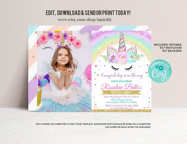 Editable Unicorn Invitation, Rainbow Unicorn invite, Unicorn Party Unicorn Birthday, Magical Unicorn Photo Girl gold Download Printable