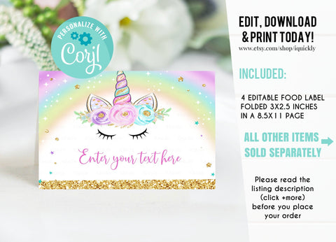 EDITABLE Unicorn Food tags Buffet label Tent card Food Labels Place Cards Table Card Printable Template, Unicorn party Girl Instant download