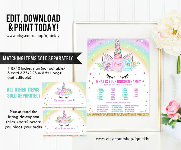 EDITABLE Unicorn Time Capsule Matching Note Cards, First Birthday Unicorn Party, Magical Unicorn 1st Birthday Time Capsule Instant download
