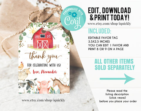 EDITABLE Farm favor tags, Thank you tags, Gift Tags, Farm animals Party favor Printable Template, Boy Party decorations Instant download