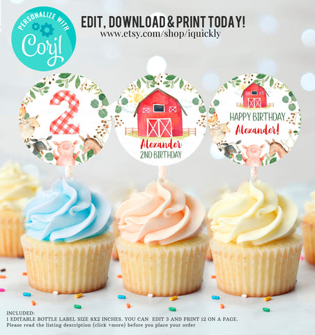 Editable Farm Birthday cupcake toppers, Boy Barn Party, Digital, Farm Animals Barnyard Decorations INSTANT DOWNLOAD printable
