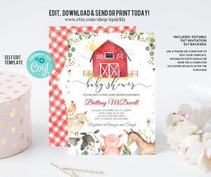 Farm Baby Shower Invitation, Editable Red Farm Animals Baby shower Invites, Gender Neutral Invitations, Boy Baby Instant download Template