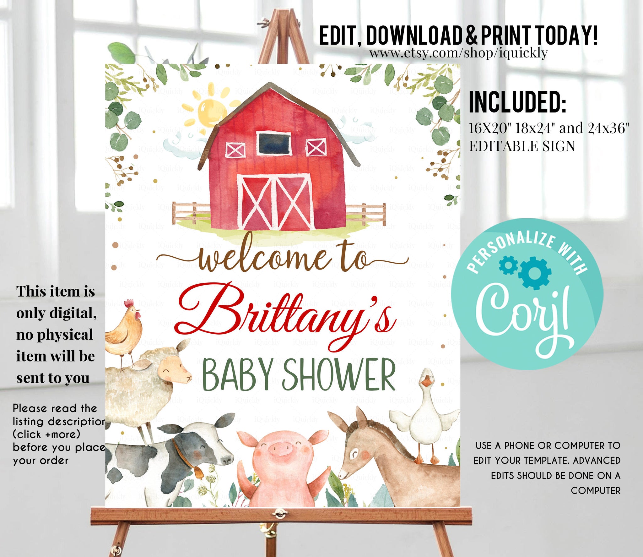 Farm Baby Shower Welcome Sign, EDITABLE, Gender Neutral, Farm animals sign, Digital, Farm Theme Party decorations Instant download