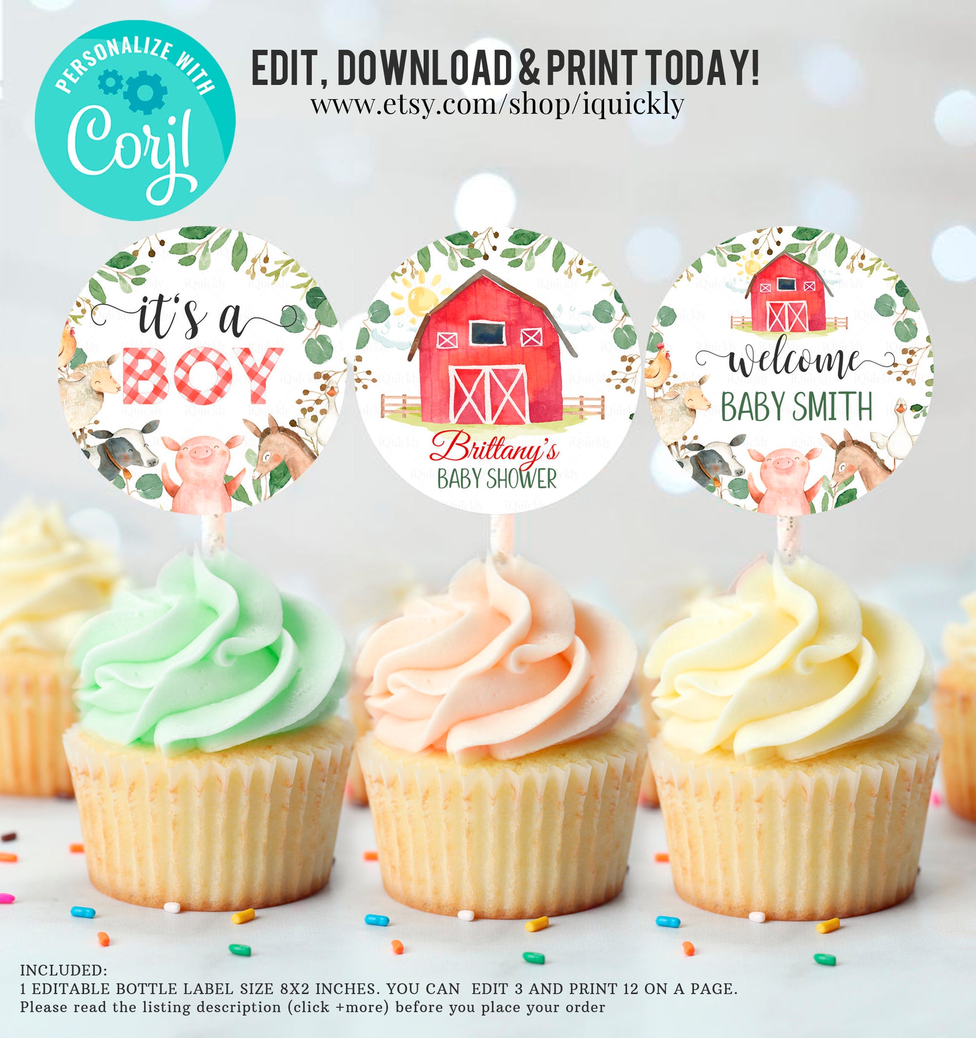 Editable Farm baby shower cupcake toppers, Gender neutral, Digital, Farm Animals Barnyard Decorations INSTANT DOWNLOAD printable