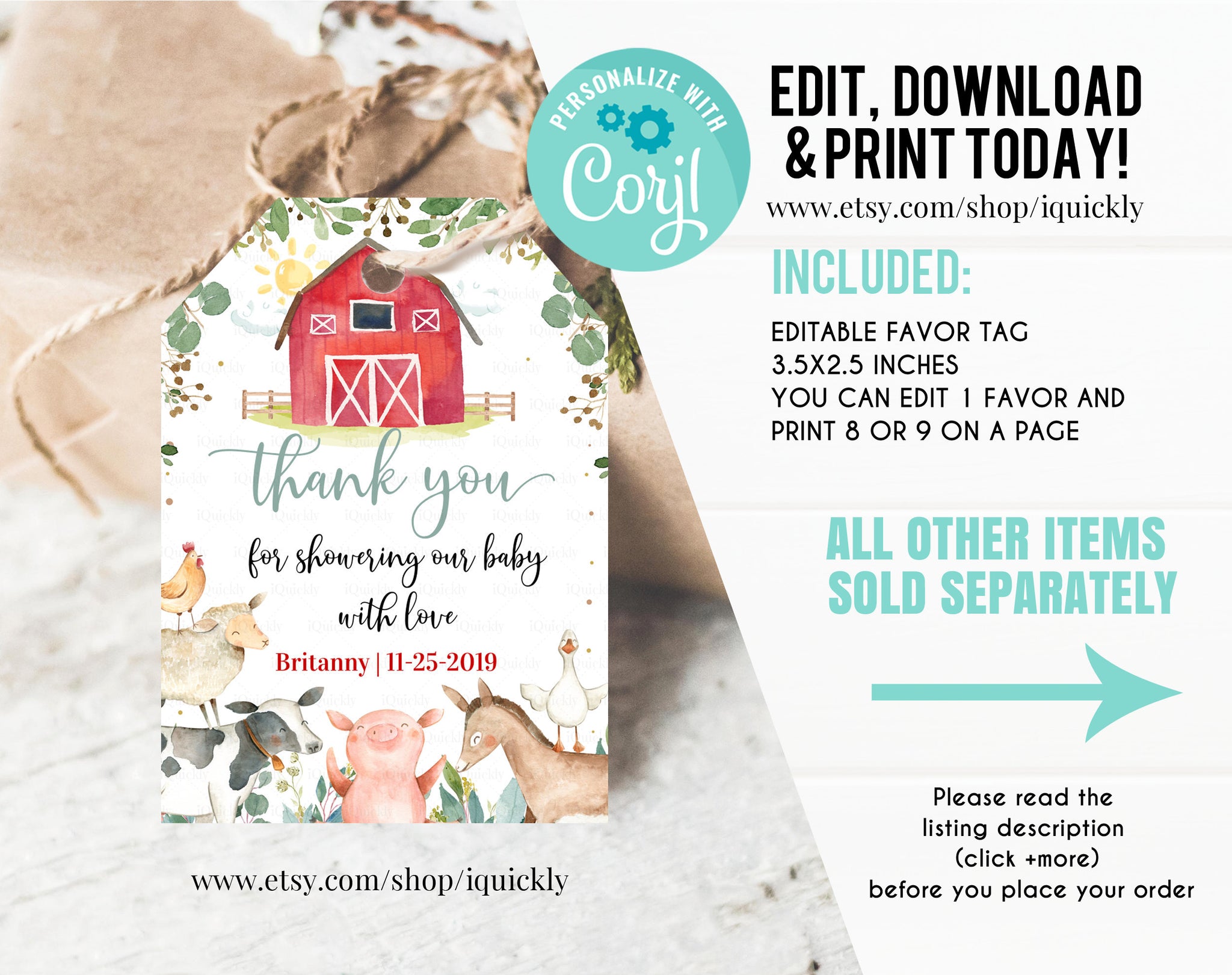 Farm Baby Shower Favor tags EDITABLE, Neutral Farm animals Thank you tags, Gift tags farm Theme Invites Instant download Template
