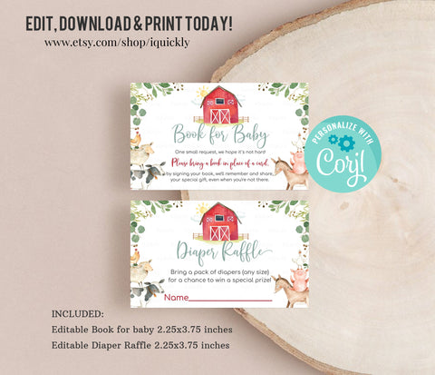 EDITABLE Diaper Raffle and Book for baby Farm Baby Shower, Boy Shower bring a book, Red Farm Animals Digital Instant download Printable