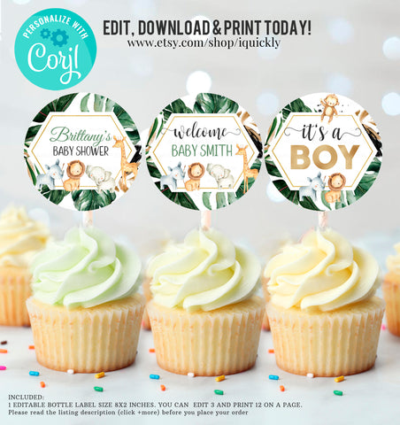 EDITABLE Safari baby shower Cupcake Toppers, Gender neutral Jungle Baby Shower Decorations, Birthday Cake toppers Instant download Printable