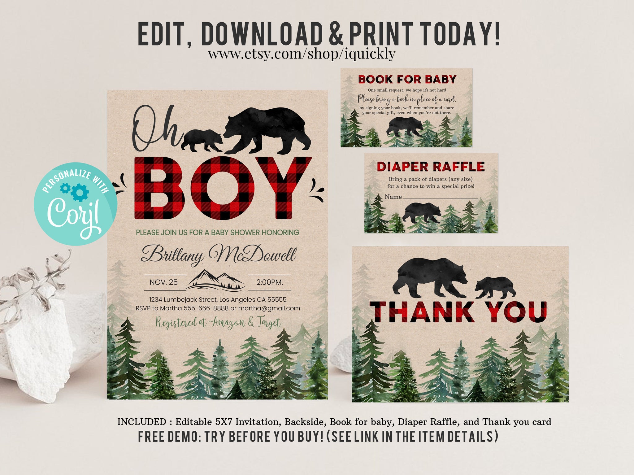 Lumberjack Baby Shower Invitation Bundle Editable, Buffalo Plaid Pack Diaper raffle, Book for Baby Set, Rustic Boy Package, Instant Download