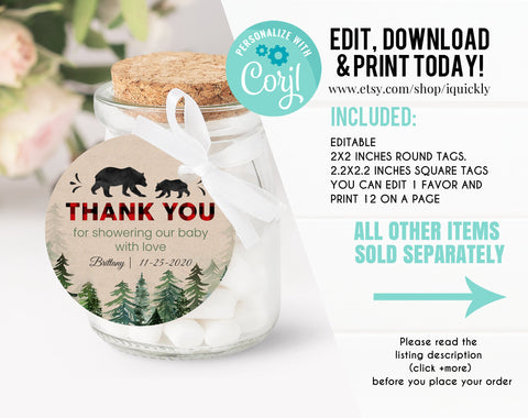 EDITABLE Lumberjack Baby Shower Favors Tags, Thank you tags, Gift Tags Buffalo Plaid, Wilderness Beard Printable Template Instant Download