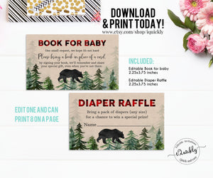 Editable Lumberjack Baby Shower Diaper Raffle and Book for Baby, Buffalo Plaid Bring a book, Wilderness Bear, Rustic Boy, Cub Download