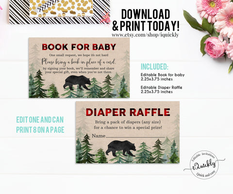 Editable Lumberjack Baby Shower Diaper Raffle and Book for Baby, Buffalo Plaid Bring a book, Wilderness Bear, Rustic Boy, Cub Download