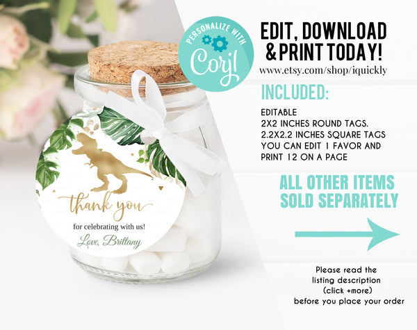 EDITABLE Dinosaur Baby Shower Favors tags, Dino Birthday Thank you tags Dino T-Rex Gift tags Digital Printable Template Instant download