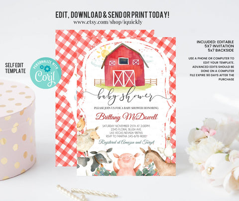 Farm Baby Shower Invitation, Editable Red Farm Animals Baby shower Invites, Gender Neutral Invitations, Boy Baby Instant download Template